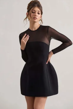 Austen | Black Mesh Long-Sleeve Mini Dress