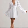 Avalon | White Plunge-Neck Balloon-Sleeve Mini Dress