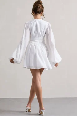 Avalon | White Plunge-Neck Balloon-Sleeve Mini Dress