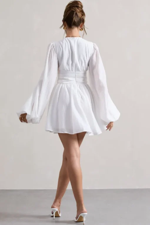 Avalon | White Plunge-Neck Balloon-Sleeve Mini Dress