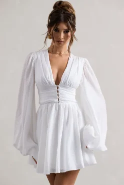 Avalon | White Plunge-Neck Balloon-Sleeve Mini Dress