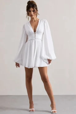 Avalon | White Plunge-Neck Balloon-Sleeve Mini Dress