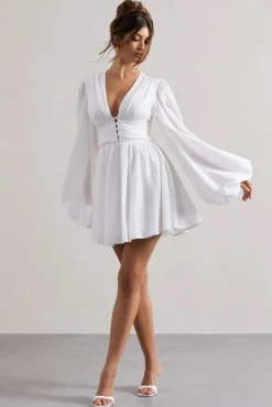Avalon | White Plunge-Neck Balloon-Sleeve Mini Dress
