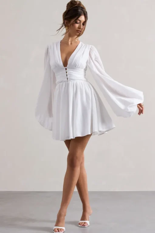 Avalon | White Plunge-Neck Balloon-Sleeve Mini Dress