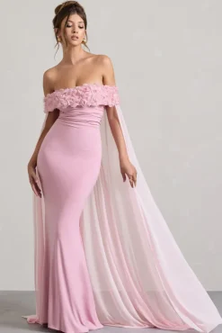 Avant Garde | Blush Pink Floral Bardot Fishtail Maxi Dress With Mesh Cape