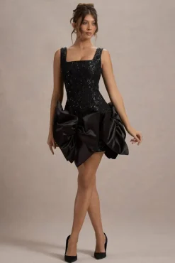 Aveline | Black Lace Square-Neck Mini Dress With Bows
