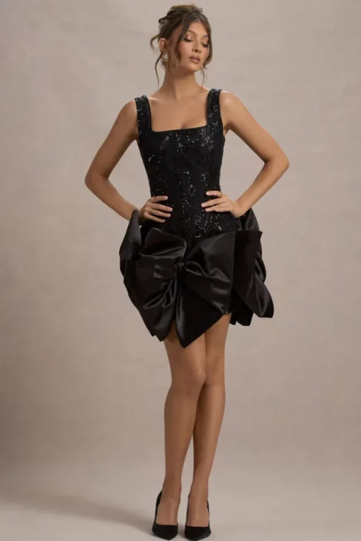 Aveline | Black Lace Square-Neck Mini Dress With Bows