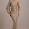 Aven | Gold Sequin Asymmetric Puff-Sleeve Maxi Dress