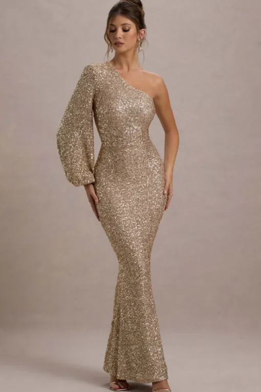 Aven | Gold Sequin Asymmetric Puff-Sleeve Maxi Dress