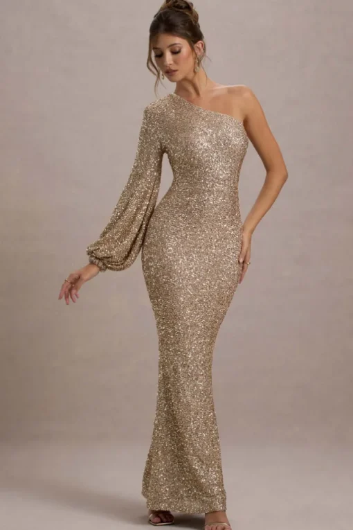 Aven | Gold Sequin Asymmetric Puff-Sleeve Maxi Dress