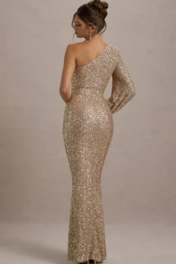 Aven | Gold Sequin Asymmetric Puff-Sleeve Maxi Dress