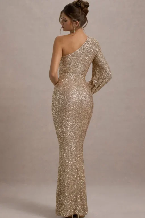 Aven | Gold Sequin Asymmetric Puff-Sleeve Maxi Dress