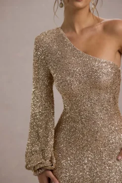 Aven | Gold Sequin Asymmetric Puff-Sleeve Maxi Dress