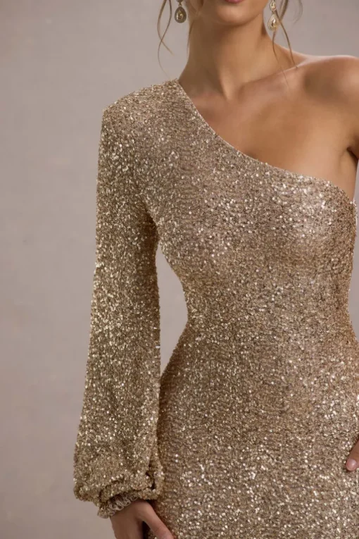 Aven | Gold Sequin Asymmetric Puff-Sleeve Maxi Dress