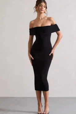 Averie | Black Bodycon Bardot Midi Dress