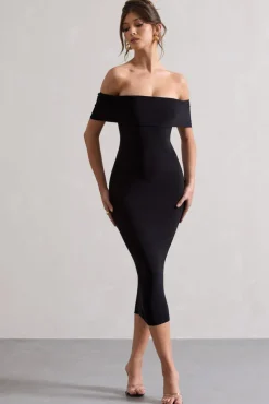 Averie | Black Bodycon Bardot Midi Dress