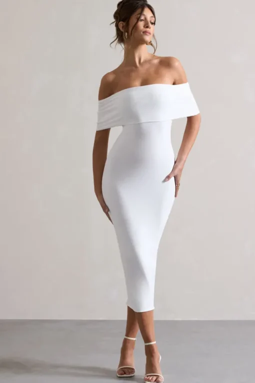 Averie | White Bodycon Bardot Midi Dress