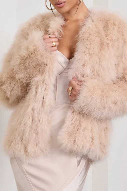 Aves | Champagne Short Fluffy Feather Jacket
