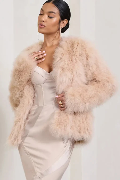 Aves | Champagne Short Fluffy Feather Jacket