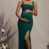 Avril | Bottle Green Square Neck Maternity Maxi Dress with Split