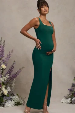 Avril | Bottle Green Square Neck Maternity Maxi Dress with Split