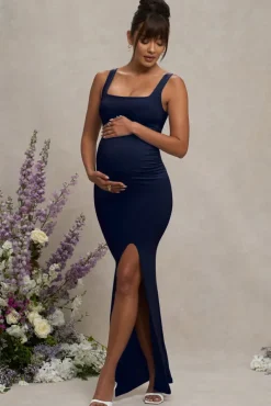 Avril | Navy Square Neck Maternity Maxi Dress with Split