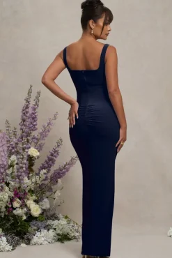 Avril | Navy Square Neck Maternity Maxi Dress with Split