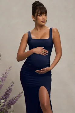 Avril | Navy Square Neck Maternity Maxi Dress with Split