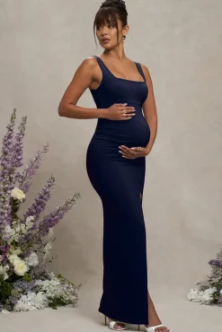 Avril | Navy Square Neck Maternity Maxi Dress with Split
