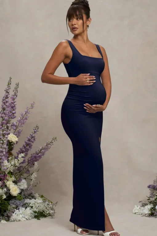 Avril | Navy Square Neck Maternity Maxi Dress with Split