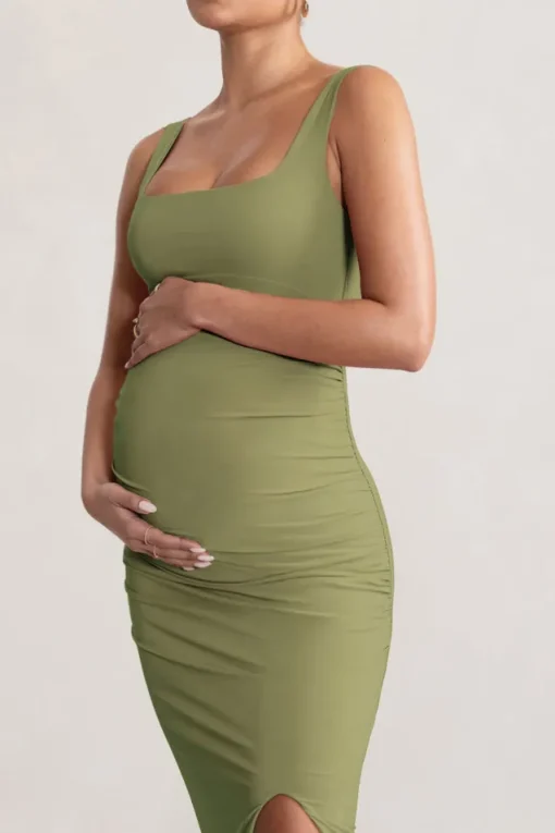 Avril | Olive Square Neck Maternity Maxi Dress with Split