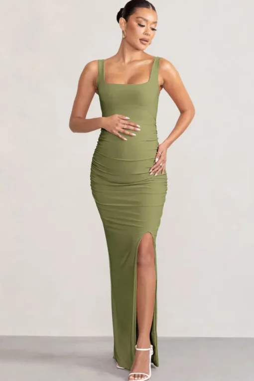 Avril | Olive Square Neck Maternity Maxi Dress with Split