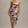 Axel | Cream Floral Print Satin Strapless Wrap Midi Dress