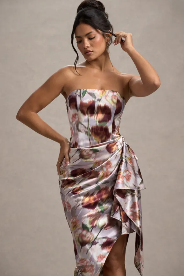 Axel | Cream Floral Print Satin Strapless Wrap Midi Dress