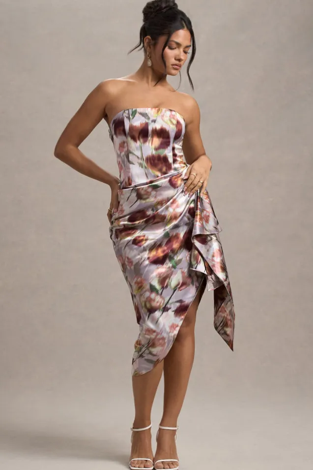 Axel | Cream Floral Print Satin Strapless Wrap Midi Dress