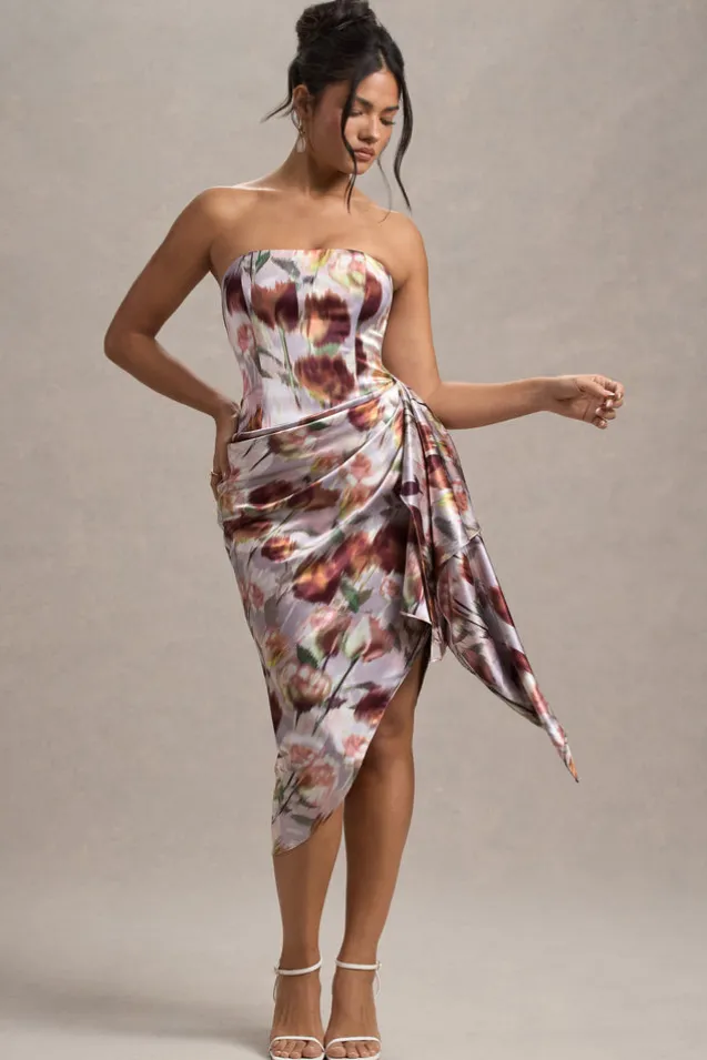 Axel | Cream Floral Print Satin Strapless Wrap Midi Dress