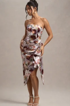 Axel | Cream Floral Print Satin Strapless Wrap Midi Dress