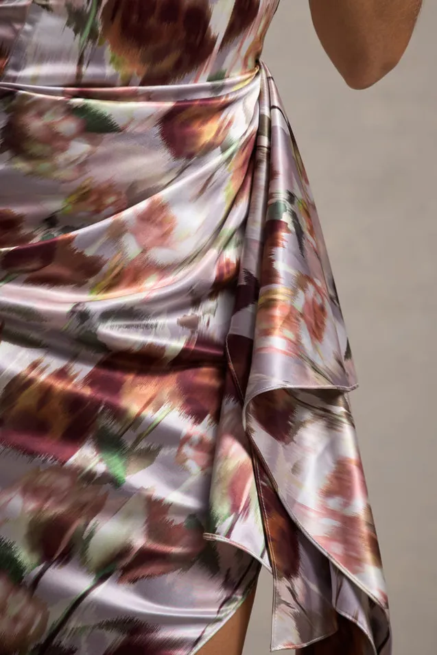 Axel | Cream Floral Print Satin Strapless Wrap Midi Dress