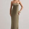 Azra | Olive Satin Bandeau Maxi Dress
