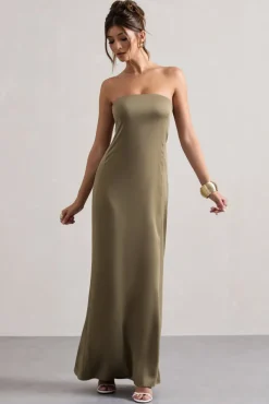 Azra | Olive Satin Bandeau Maxi Dress
