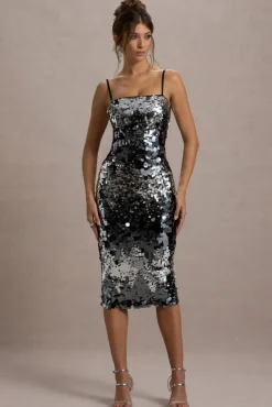Azure | Silver Sequin Strappy Midi Dress