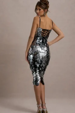 Azure | Silver Sequin Strappy Midi Dress