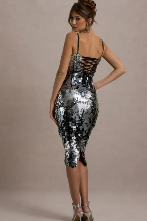 Azure | Silver Sequin Strappy Midi Dress