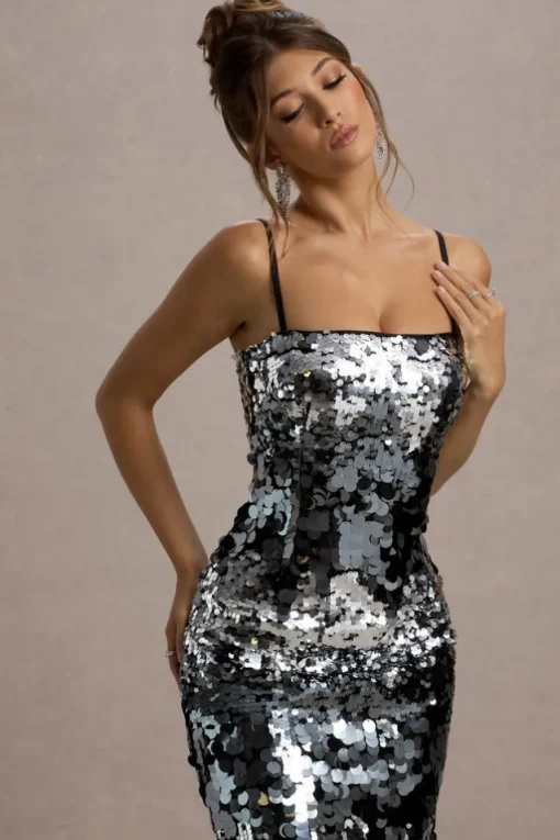 Azure | Silver Sequin Strappy Midi Dress