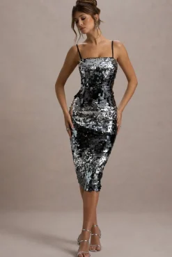 Azure | Silver Sequin Strappy Midi Dress