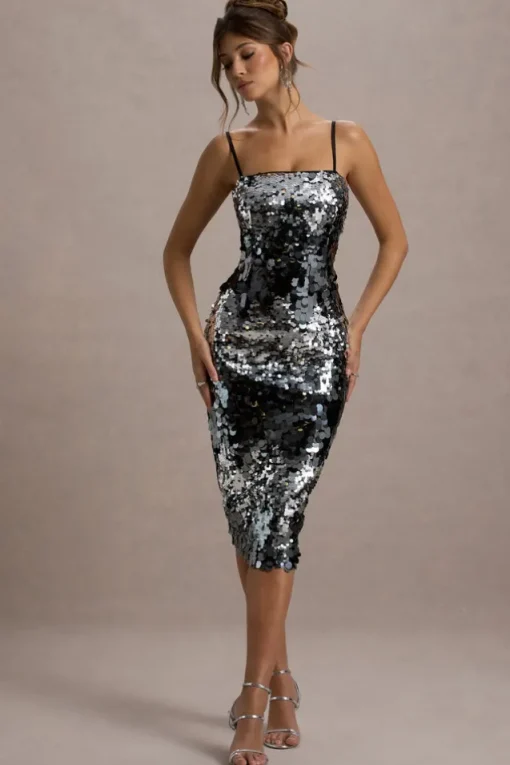 Azure | Silver Sequin Strappy Midi Dress