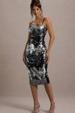 Azure | Silver Sequin Strappy Midi Dress