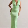 Azzara | Light Green Satin Ruched V-Neck Maxi Dress