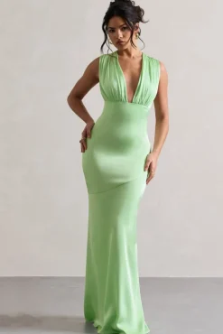 Azzara | Light Green Satin Ruched V-Neck Maxi Dress