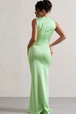 Azzara | Light Green Satin Ruched V-Neck Maxi Dress